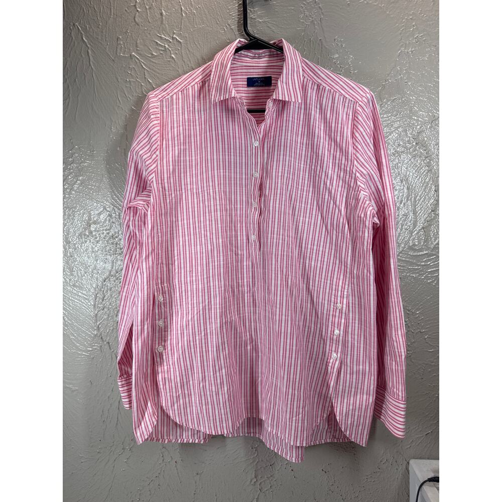 Untuckit Women’s Popover Blouse Collared Long Sleeve Stripped Pink White‎ Medium